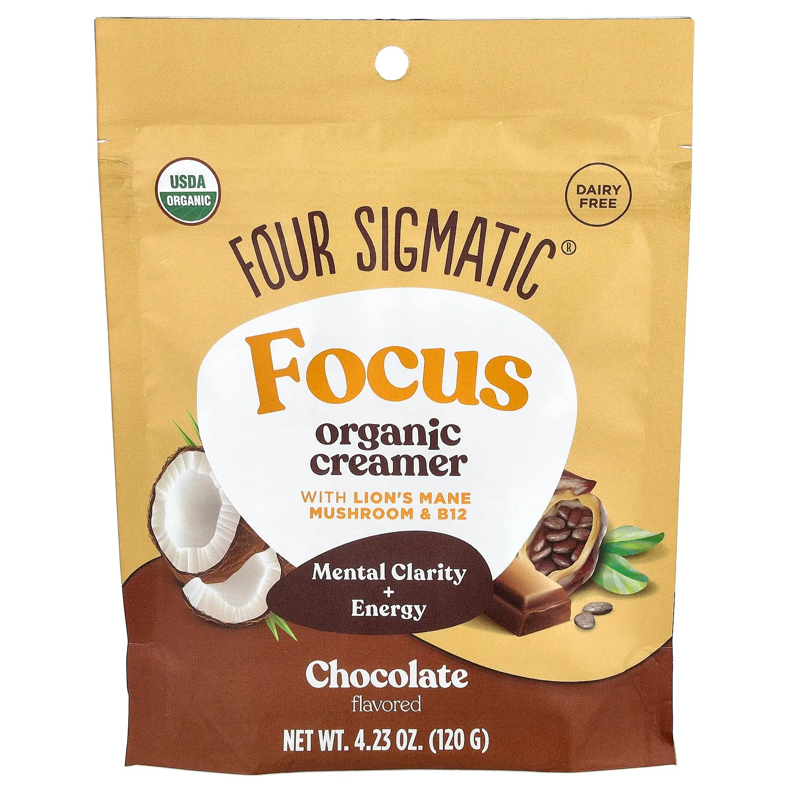 Four Sigmatic Focus, Organic Creamer with Lion's Mane Mushroom & B12, Chocolate, 4.23 oz (120 g)