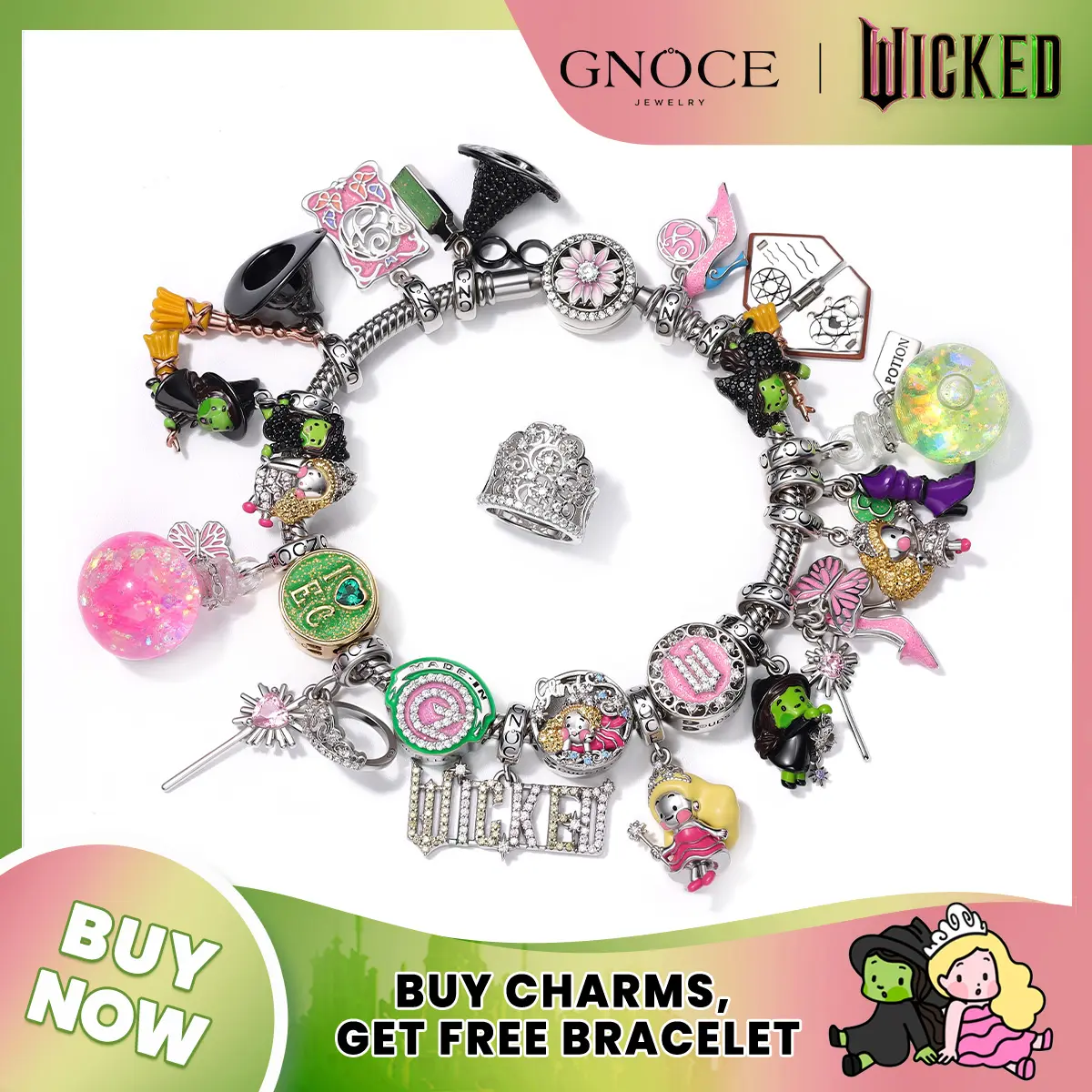 GNOCE Wicked Glinda the Good Witch Dangle Charm, S925 Sterling Silver Exquisite Jewelry with Cubic Zirconia & Enamel, Fashion Pendant for Women's Bracelets, Jewelry Bracelet, Pretty Bracelet