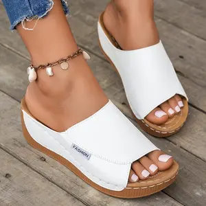 Women's Comfortable Arch Support Slide Sandals - Breathable, Stylish, Soft Sole, Mid-Heel, Open Toe With Faux Cover Straps - For Casual Attire In Maroon, Black, White, Blue, And Brown, Ladies Sandals