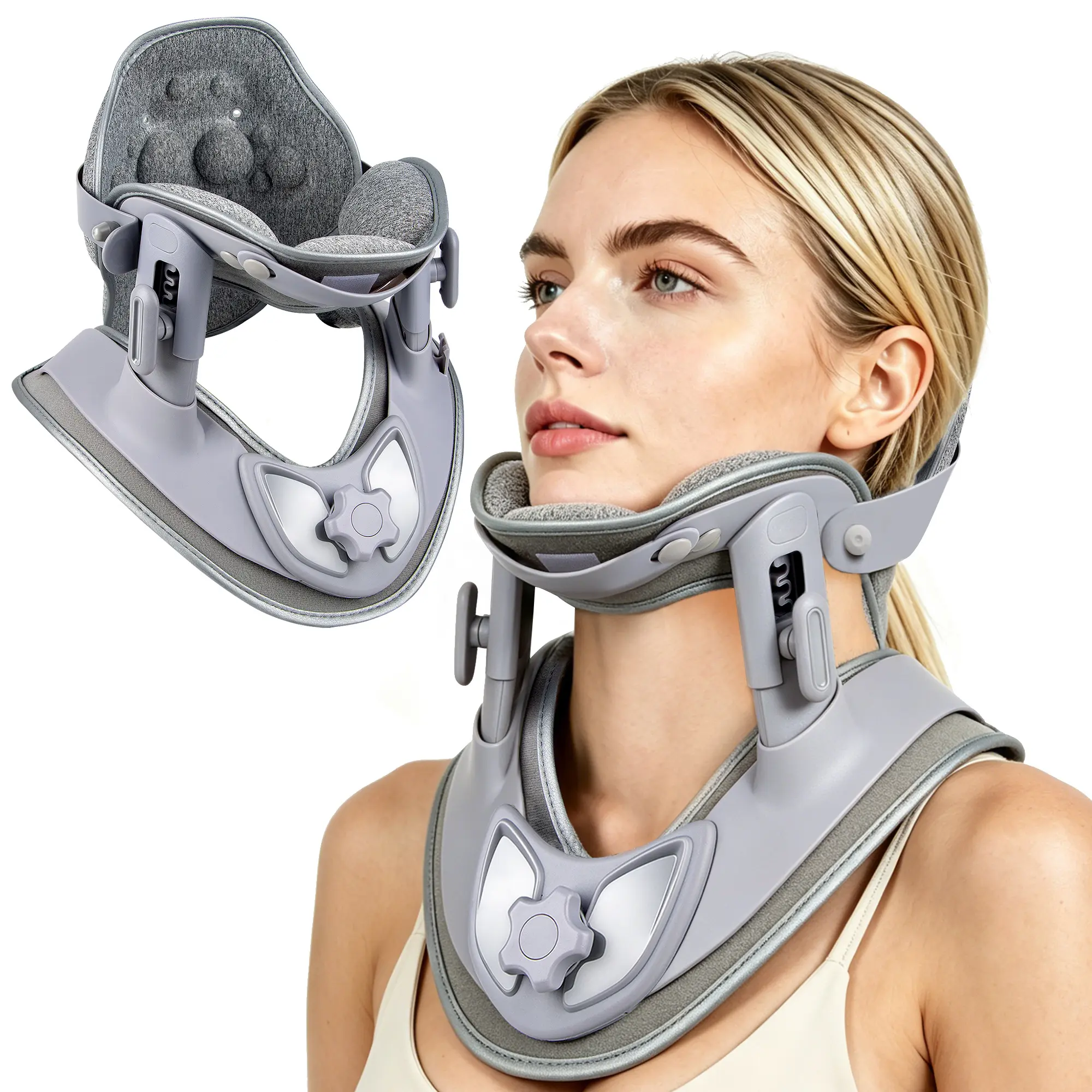 Ergonomic cervical support and traction neck collar with massage lining, adjustable manual neck stretcher, portable neck soothing brace, which can relieve neck tension, correct head forward posture, suitable for all adults