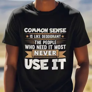 Menswear "Common Sense Is Like Deodorant" Print Knit T-Shirt - Unisex, Summer Casual, Stylish Crew Neck, Short Sleeve, 100% Cotton Stretch Fabric, S-XXXL