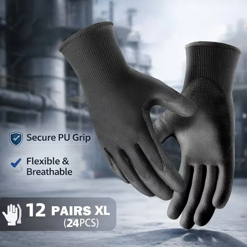 24 Pairs Non-Slip Work Gloves, PU Leather Coated Safety Gloves, Elastic Closure, Durable Breathable Outdoor Gear, Fishing Camping Essentials, Anti Slip Gloves