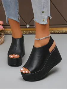 Women's Fashionable Solid Color Platform Sandals, Casual Comfortable Peep Toe Wedge Sandals for Summer, Female All-match Shoes for Daily Wear, Girl, Ankle Strap Heels