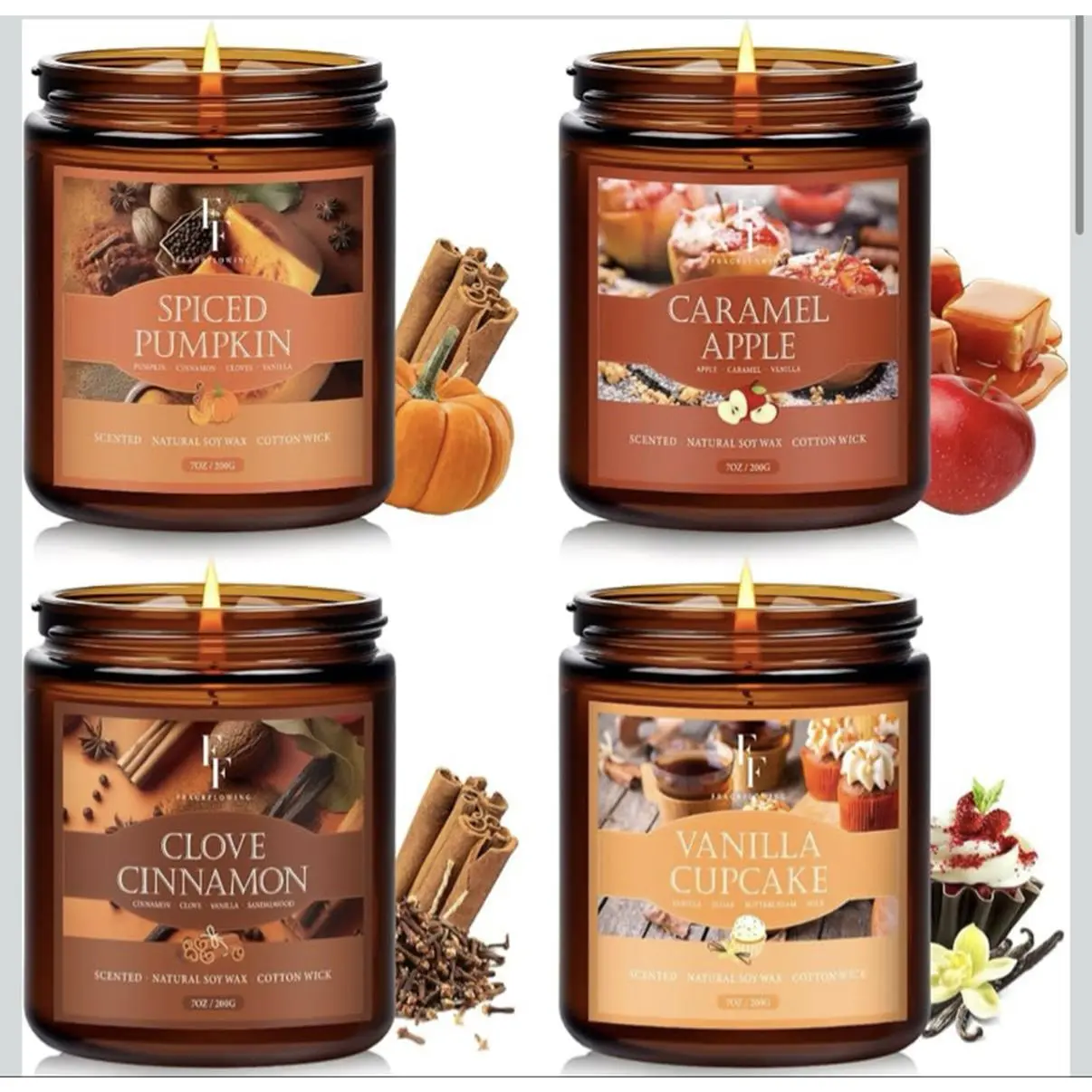 4 Fall Scented Candles - Spiced Pumpkin, Caramel Apple, Clove Cinnamon, Vanilla Cupcake - Perfect for Autumn Aromas