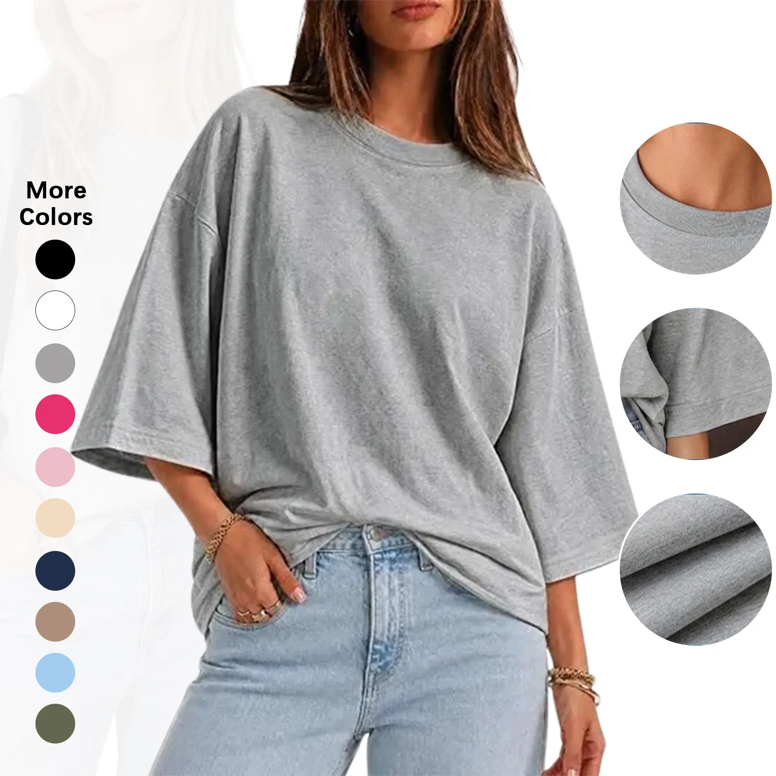 Flowyair Women's Oversized Cotton Fabric T-Shirt, Minimalist Round Neck, 3/4 Sleeve, Loose Boxy Casual Summer Basic Tops,summerwins,summeroutfits,vacationoutfits,beachoutfits,back to school,back to school shopping
