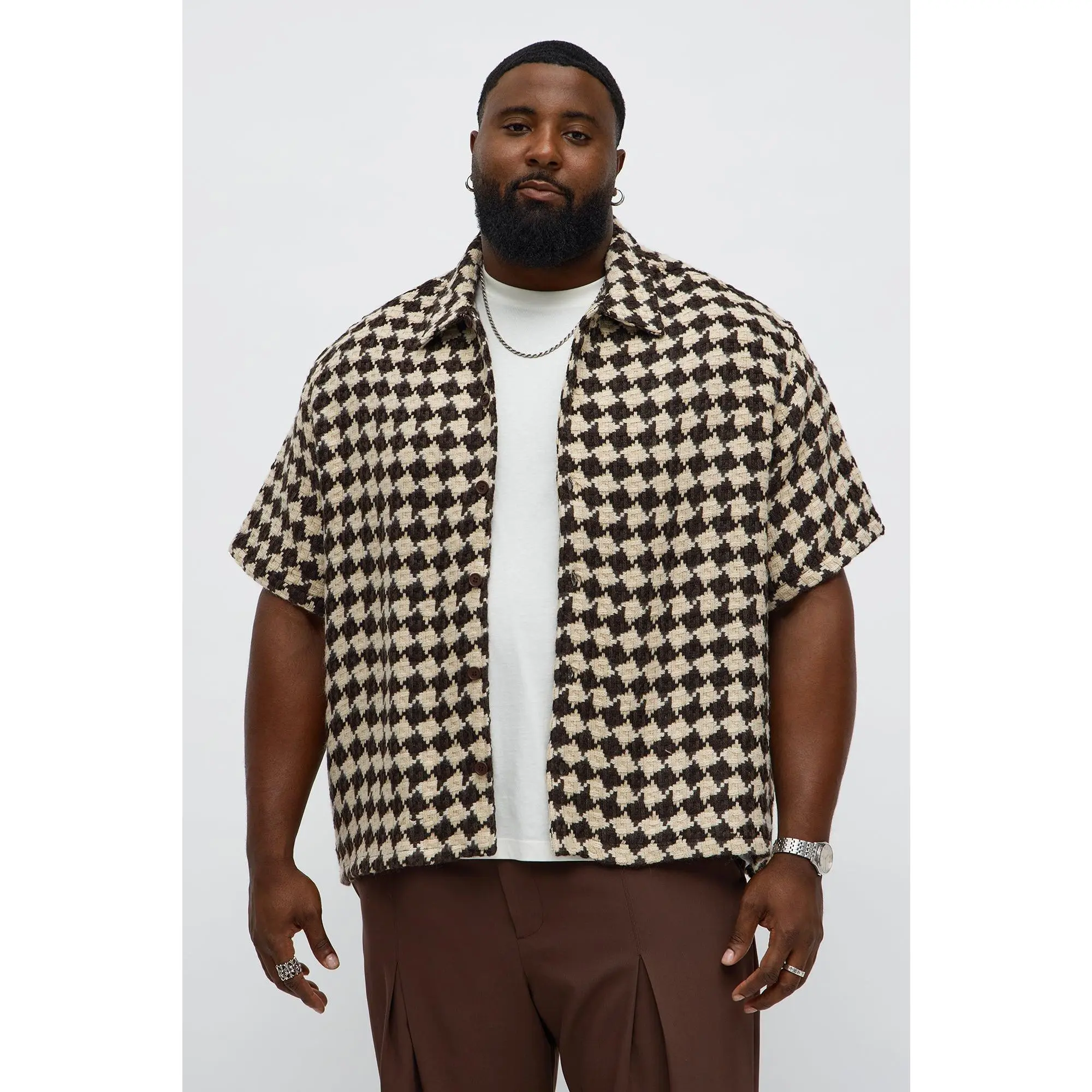 Boxy Cropped Mosaic Button Up Shirt - Brown