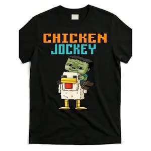 Men's Pixel Art Gamer Chicken Jockey Zombie Graphic T-Shirt - Black Casual Crew Neck Short Sleeve Tee With Pixelated Design, Comfortable Regular Fit For Everyday & Outdoor Wear, Chicken Theme, Everyday Tshirt, Humorous Graphic Tee, Comfortable Fit Tee