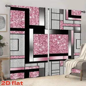 2D Flat 2Pcs Geometric Sparkle Curtain Panels, Modern Pink Glitter Diamond Design, Black and Silver Blocks, Rod Pocket Semi-Sunshade Privacy Curtains for Living Room Bedroom Dining Home Decor