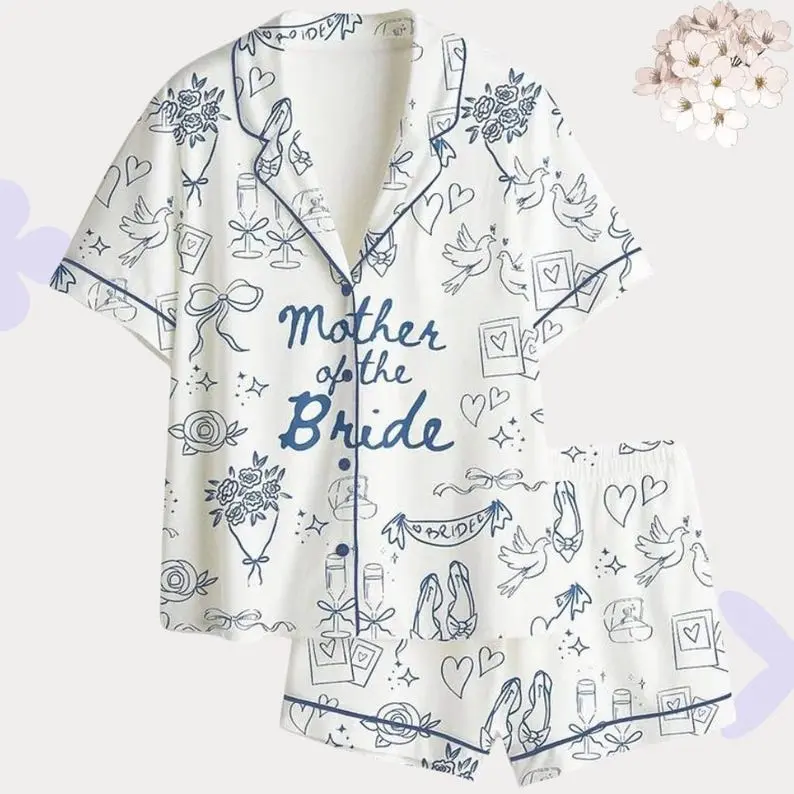 Mother of the Bride Blue Toile Pajama Set Bridal Party Gift PJs 100% Polyester Satin Short-Sleeve with Chest Pocket & Elastic Waistband Loungewear - Button
