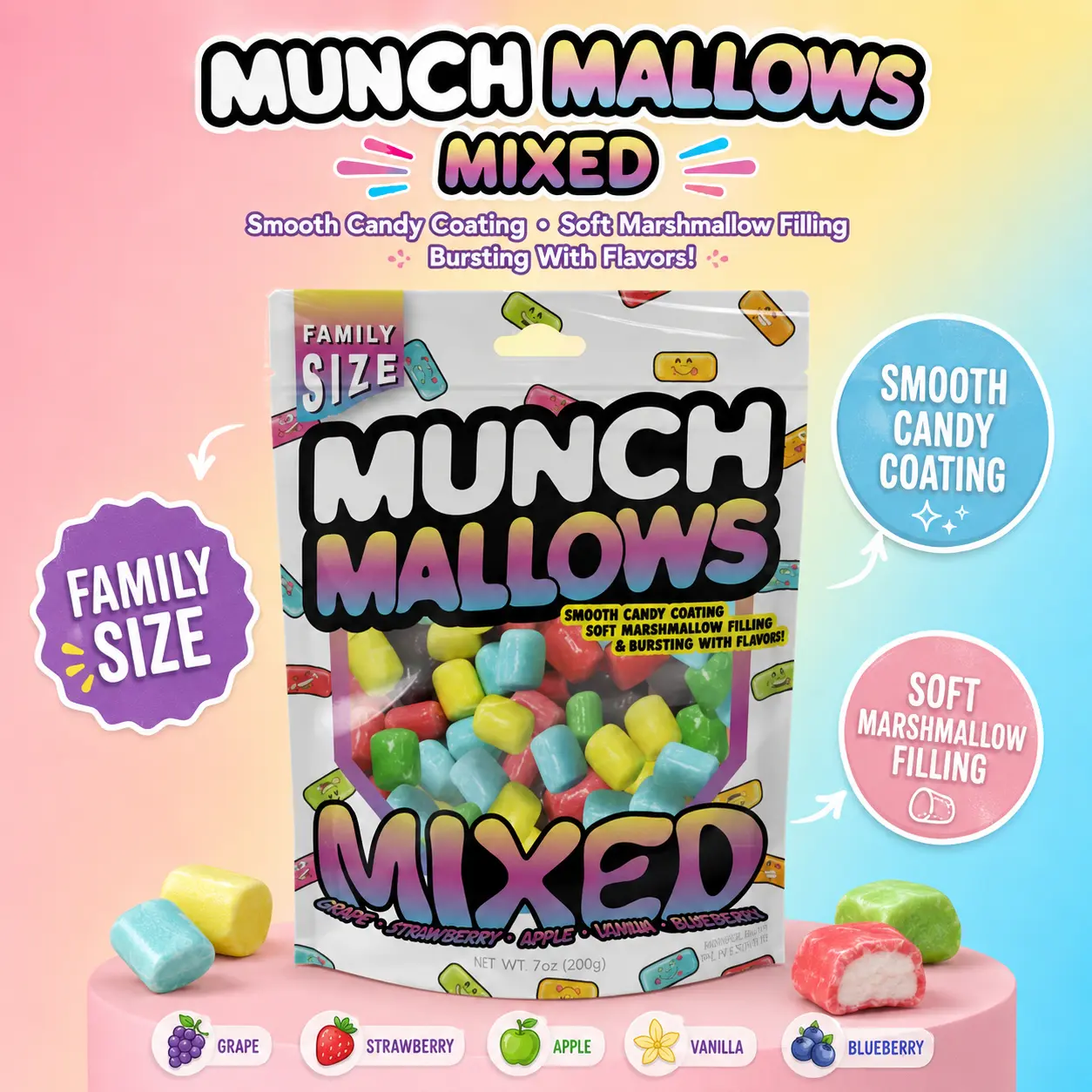 Viral Munch Mallows Mixed Marshmallow Candy, Snack for Casual Enjoyment  Crunchy Fruity Mix  Packet marshmallows  Chewing marshmallows  Rainbow Gummy marshmallows