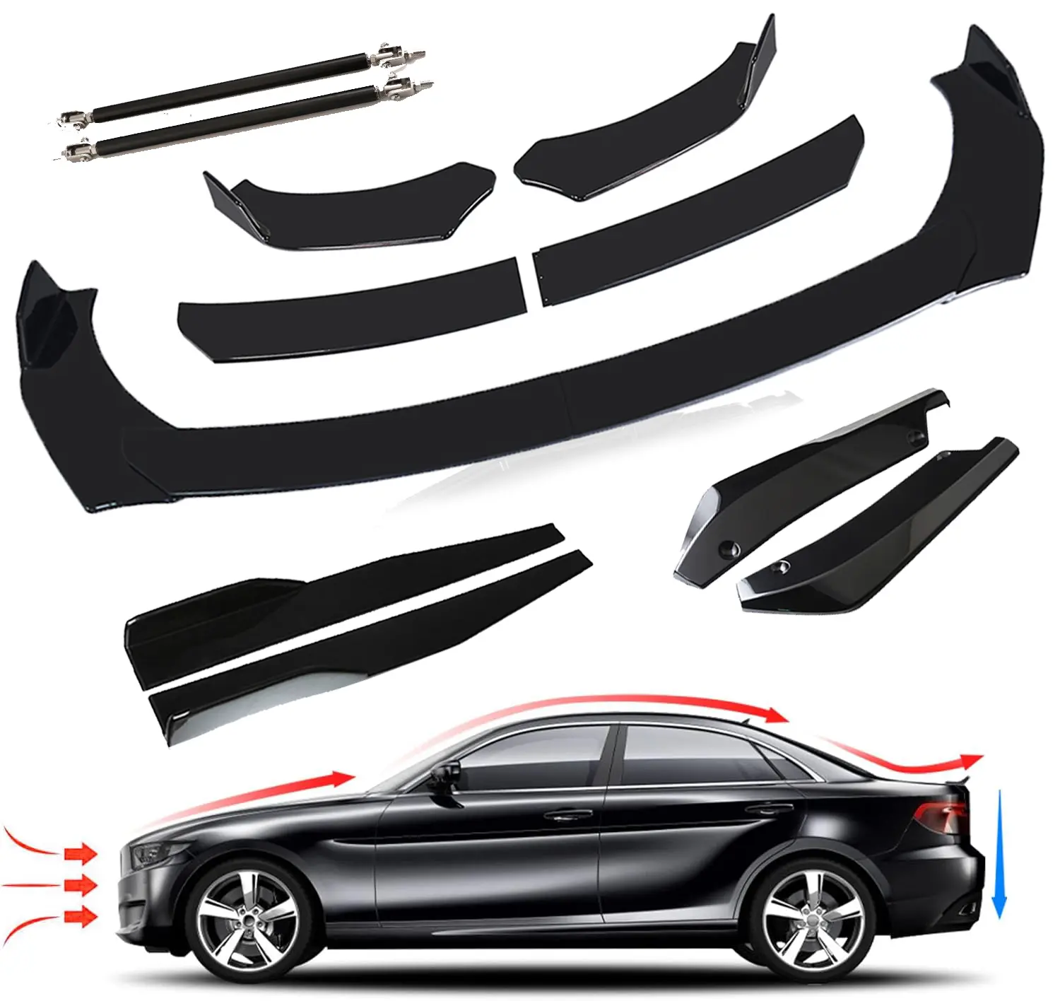 Universal Car Front Bumper Lip Splitter Chin Spoiler Body Kits with Car Side Skirt Extension Rocker Panel+ 2Pcs Car Rear Bumper Lip Diffuser and Strut Rods,Fits for Honda Audi,Ford,BMW,Honda,Chevrolet,Civic,Benz,Mazda,GMC Nissan,Toyota, Mitsubishi