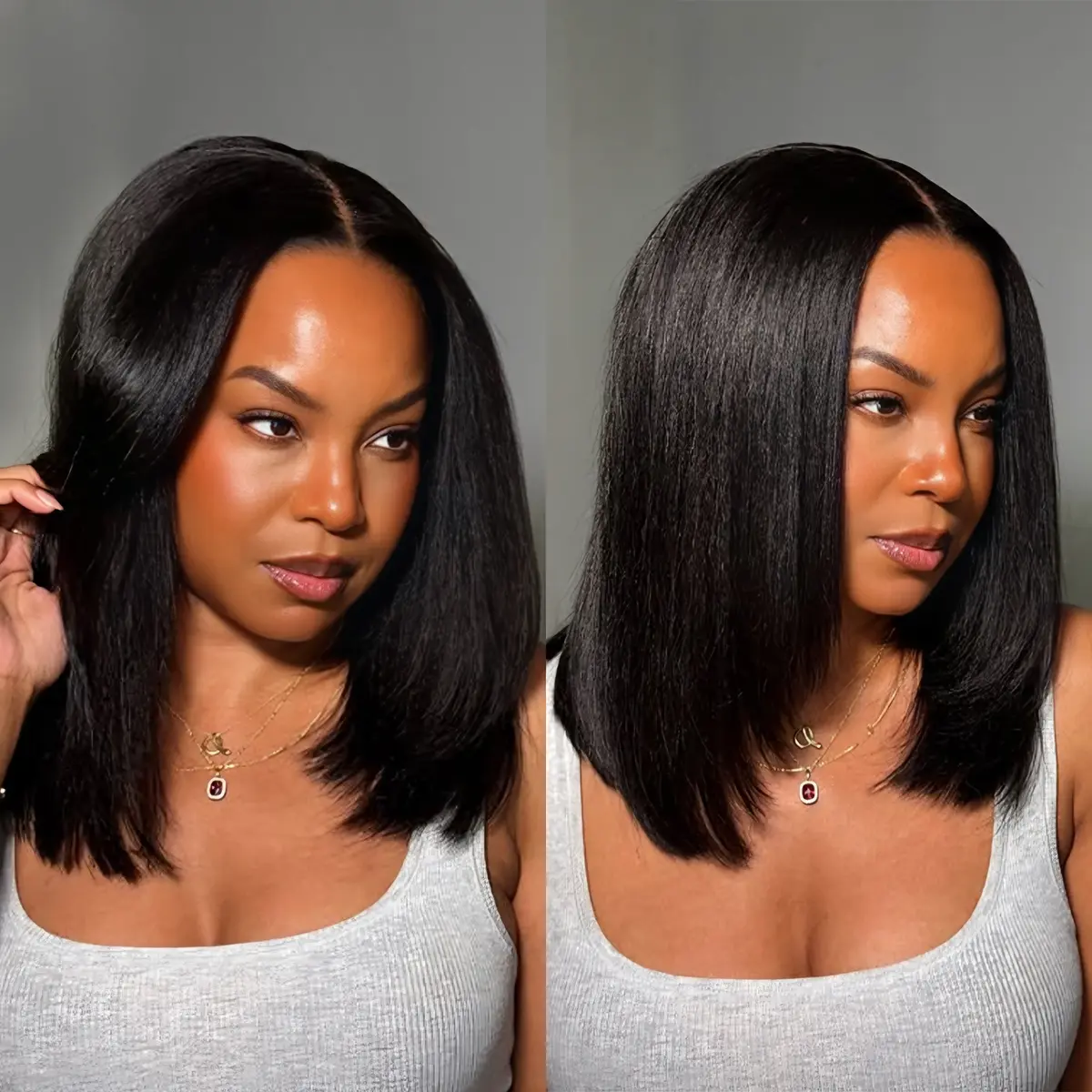 Celie Hair Glueless V Part Yaki Straight Wig Invisible Hairline Human Hair Wigs Natural Black Ombre Brown Easy Install Beginner Friendly