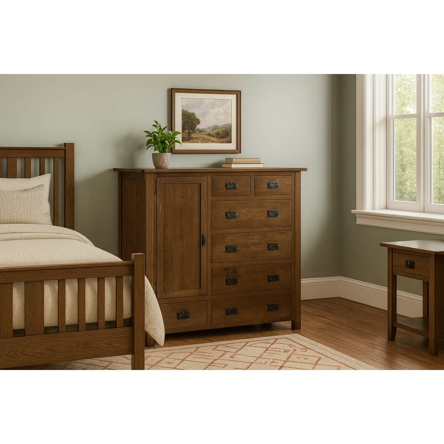Classic Arts & Crafts Mission Style Solid Oak Cabinet with Drawers - Walnut (AW), Hand Rubbed Wooden Indoor Storage Cupboard for Storage Organization, Mission Style Furniture