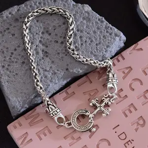 Aeropostale  1PC Silver Plated Retro Cross Horseshoe Clasp Cuban Chain Bracelet - November Birthstone for Daily & Gift Occasions