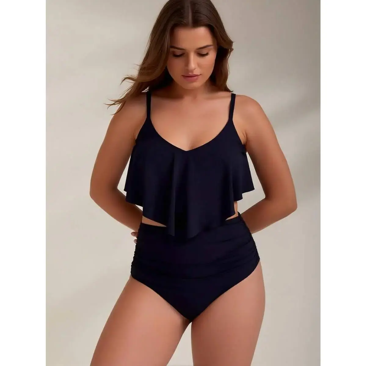 Women's Elegant and Comfortable Navy Blue V-Neck Ruffled High-Waisted Two-Piece Swimsuit | Soft-style beach vacation swimwear,swimsuit,swimwear,bikini,summer