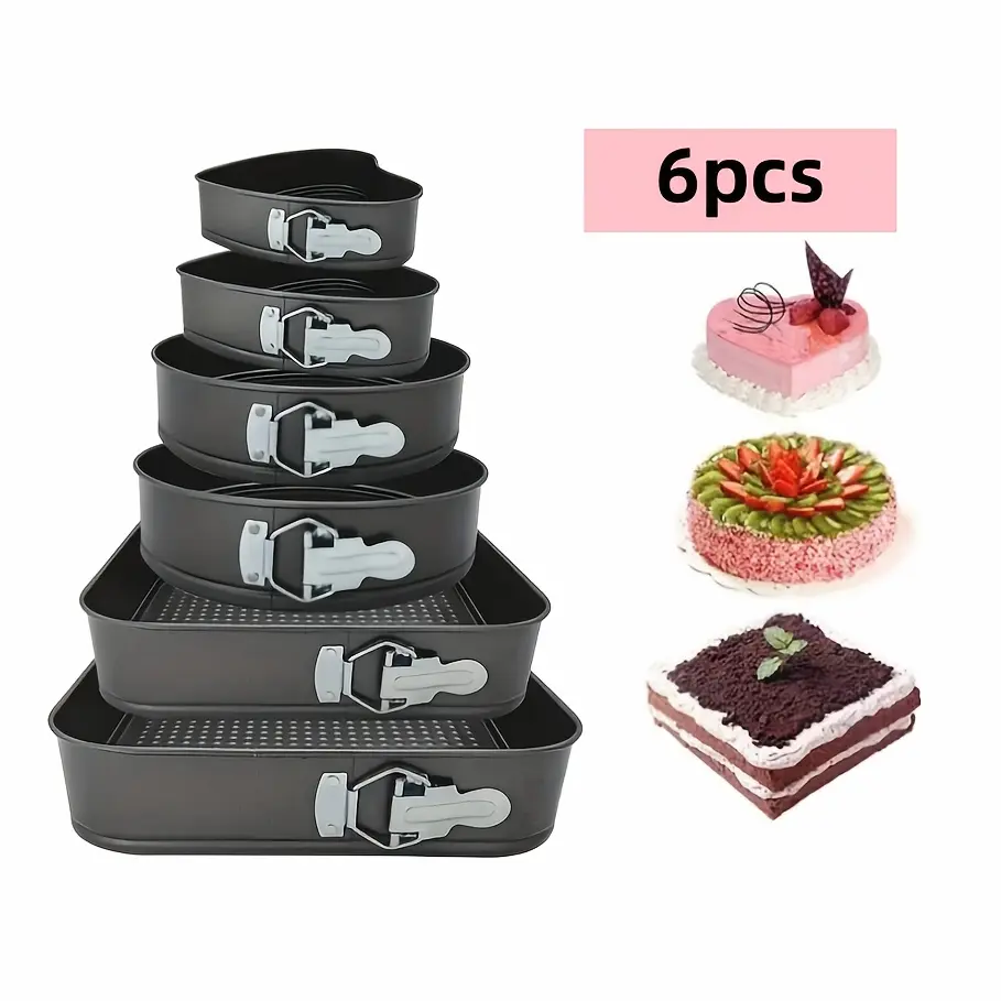 6-Piece Carbon Steel Cake Pan Set Square Round Heart Nonstick Baking Mold with Removable Bottom Heavy Duty for Chiffon Mousse Cheesecakes Wedding Birthday Kitchen Tools