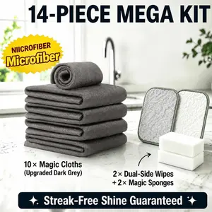 10 Pack Magic Cleaning Cloths Kit, 2 Double Sided Scrub Pads & 2 Melamine Sponges, Reusable Streak-Free Towels for Home Window Car Cleaning