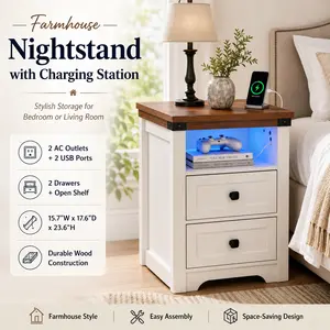 Super Farmhouse Nightstand with Charging Station White Bedside Table with Drawers Open Shelf Antique Side Table End Table for Bedroom Living Room Small Storage Cabinet USB Port AC Outlets Rustic Bedroom Furniture
