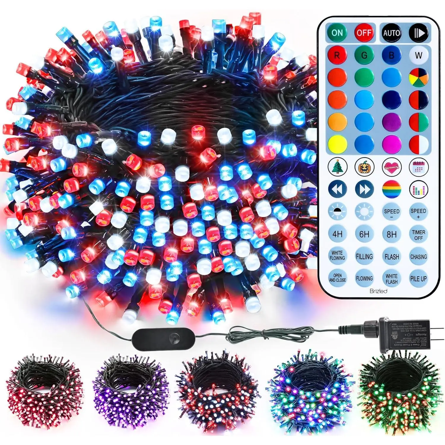Brizled Color Changing RGB Christmas Lights, Red White Blue String Lights Music Sync, 120+ Modes Remote Dimmable Outdoor Mini Tree Light Indoor Plugin for July 4th Xmas Halloween,66ft 200 LED,98FT 300 LED,164ft 500 LED, Decor, Water Proof