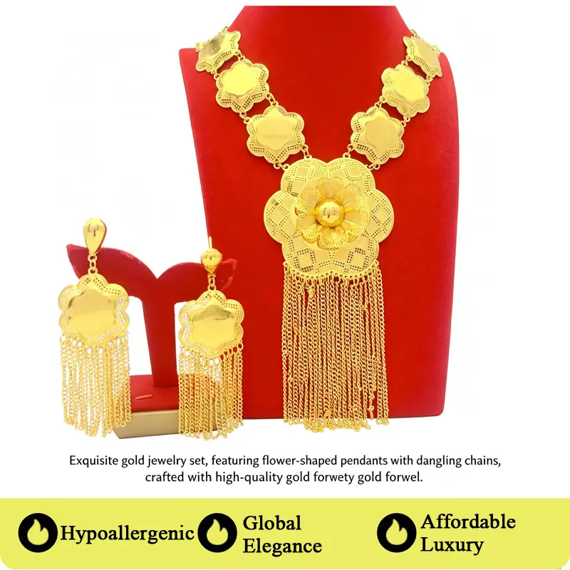 Women's 2-Piece 24K Gold-Plated Flower Tassel Jewelry Set, Dubai Middle East-Inspired Luxury Long Necklace & Earrings for Weddings