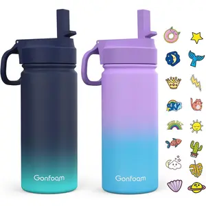 Kids Water Bottle, 2-Pack 16oz Water Bottles Kids with Straw and Stickers, Stainless Steel Vacuum Double Wall Insulated cup, Kids Water Bottle for School, Gifts for Boys and Girls(Blue/Purple)