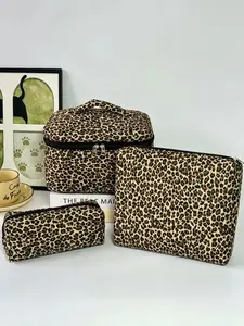 3-Piece Leopard Print Quilted Makeup Bag Set, Retro Animal Print Cosmetic Organizer, Multi-Size Toiletry Storage Bags for Women