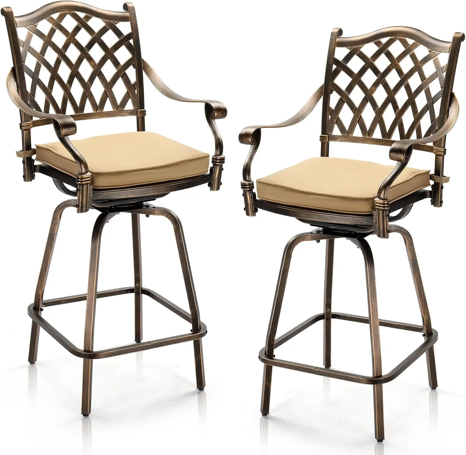VINGLI 2-Piece Outdoor Swivel Bar Stools - All-Weather Cast Aluminum Bar Height Bistro Swivel Dining Chairs with Cushions, 380 lbs Load Capacity for Garden, Swivel Dining Chair
