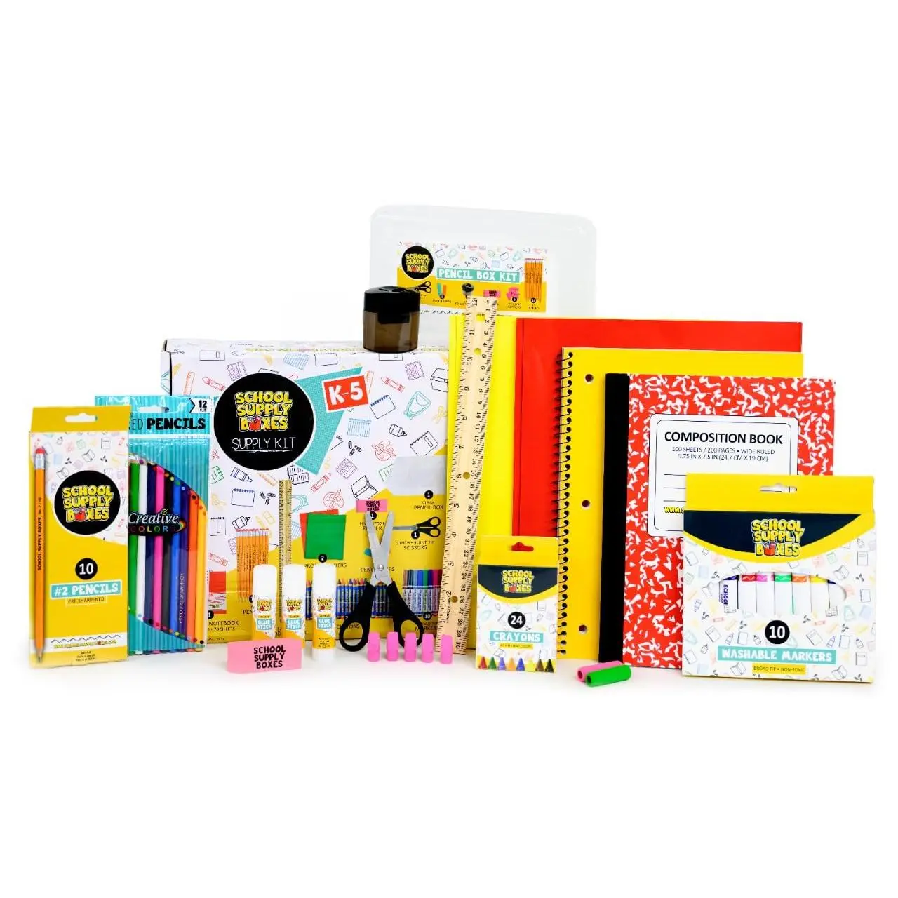 32-Piece Back to School Supply Kit for Grades K-5, Includes Markers, Crayons, Pencils, Scissors, Folders, Glue Sticks, Notebook, Composition Book (Office & School Stationery Set)