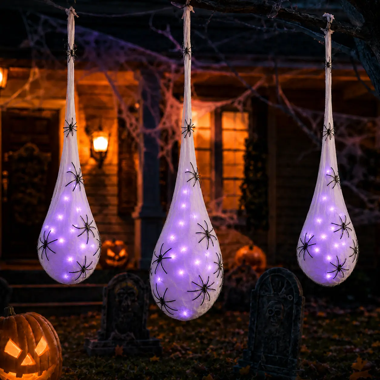 3.2FT Halloween Decoration Hanging Light Up Spider Egg Sacs 3 Packs, Gift for Halloween Party Favors Games, Sacks Props for Halloween, Birthday Indoor Outdoor Decor (Purple)