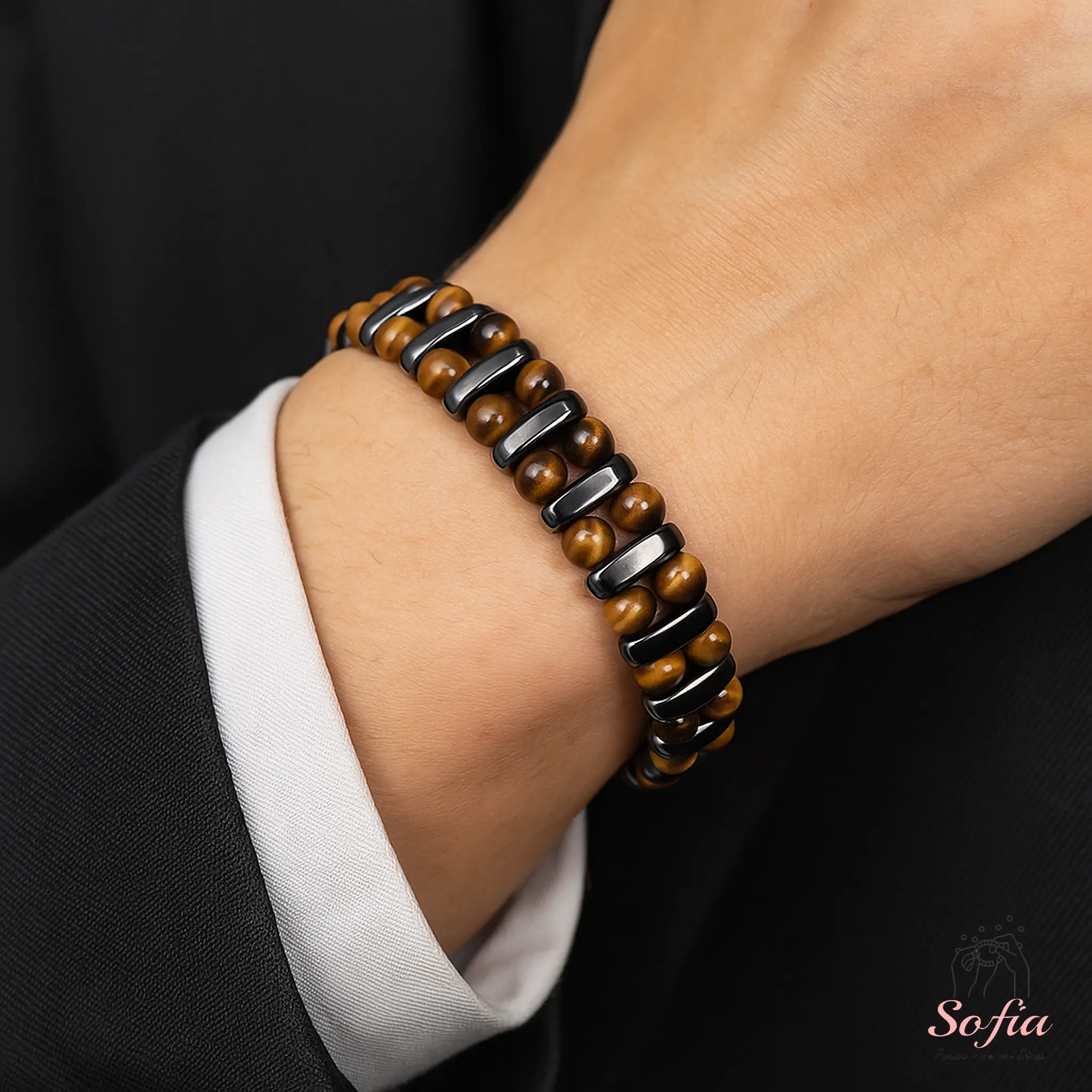 Men's Accessories Sofia Protection Bracelet - Natural Tiger's Eye & Hematite Gemstones - 7-8 in Adjustable Size - Elegant Bohemian Style for Everyday Wear, Tiger's Eye Natural Crystal Bracelets & Anklets