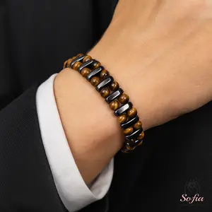 Sofia Protection Bracelet - Natural Tiger's Eye & Hematite Gemstone - Adjustable Size 7-8 Inches - Elegant Boho Style for Men
