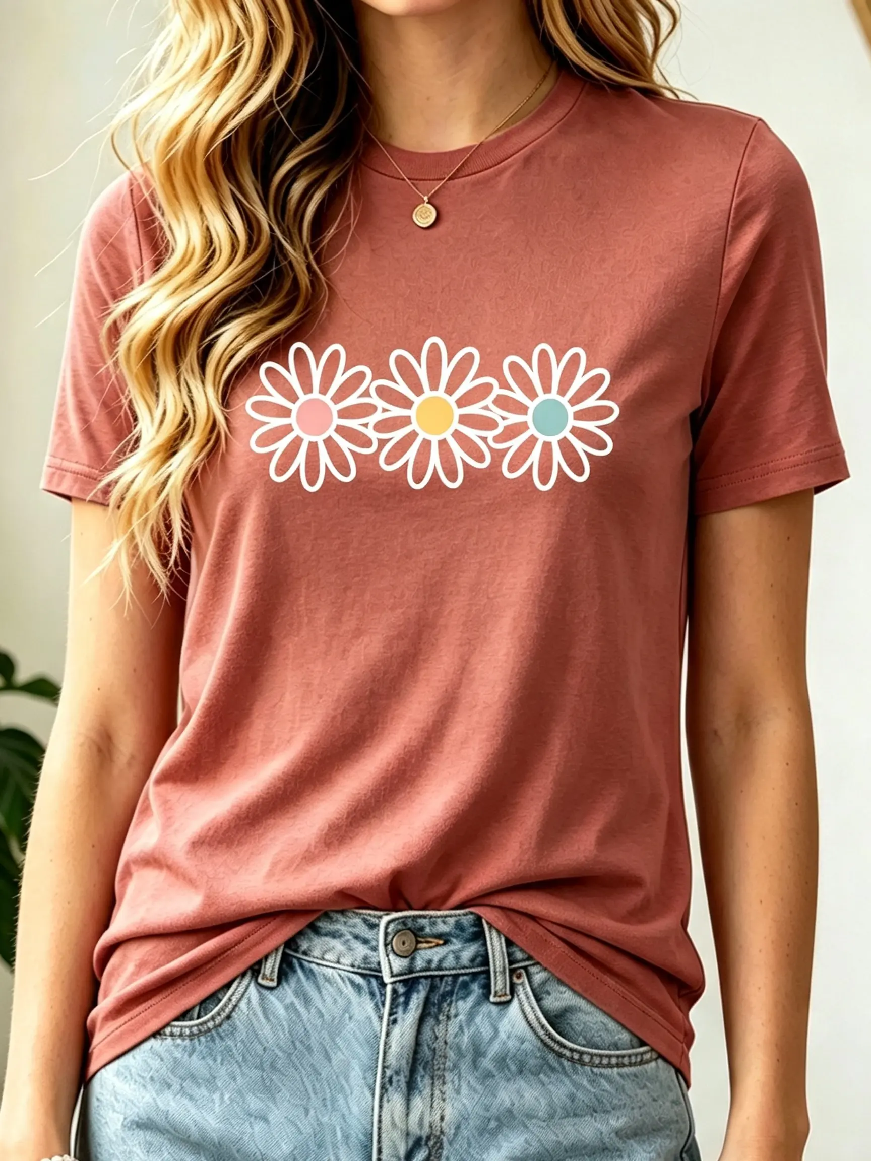 Women Premium Graphic Tee, Soft 100% Cotton Relaxed Fit Short Sleeve Top Crew Neck, Cute Pastel Daisy Life Is Good Printed T-Shirt for Women Street Casual Office Home Outdoor Daily Outfits Joggers Womenswear