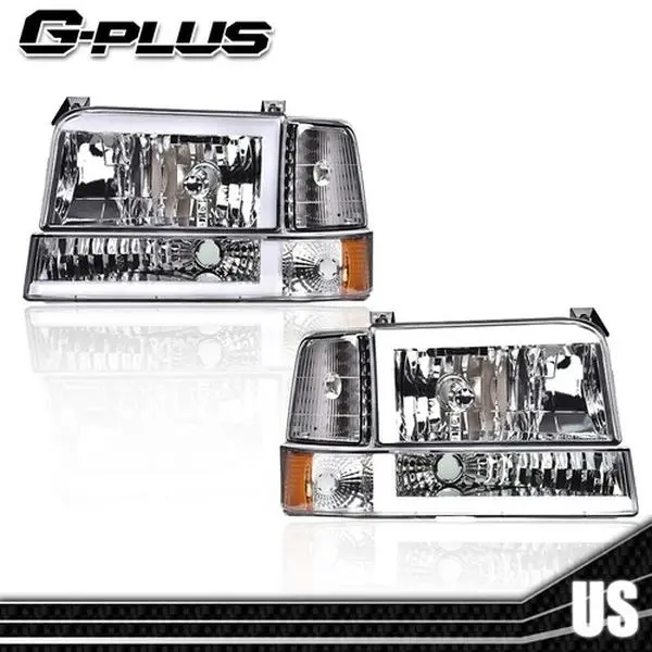 G-PLUS Replacement Car Headlights with LED DRL, Amber Chrome for 1992-1996 Ford F150 F250 F350 Bronco, Car Exterior Upgrade, Replacement Car Light