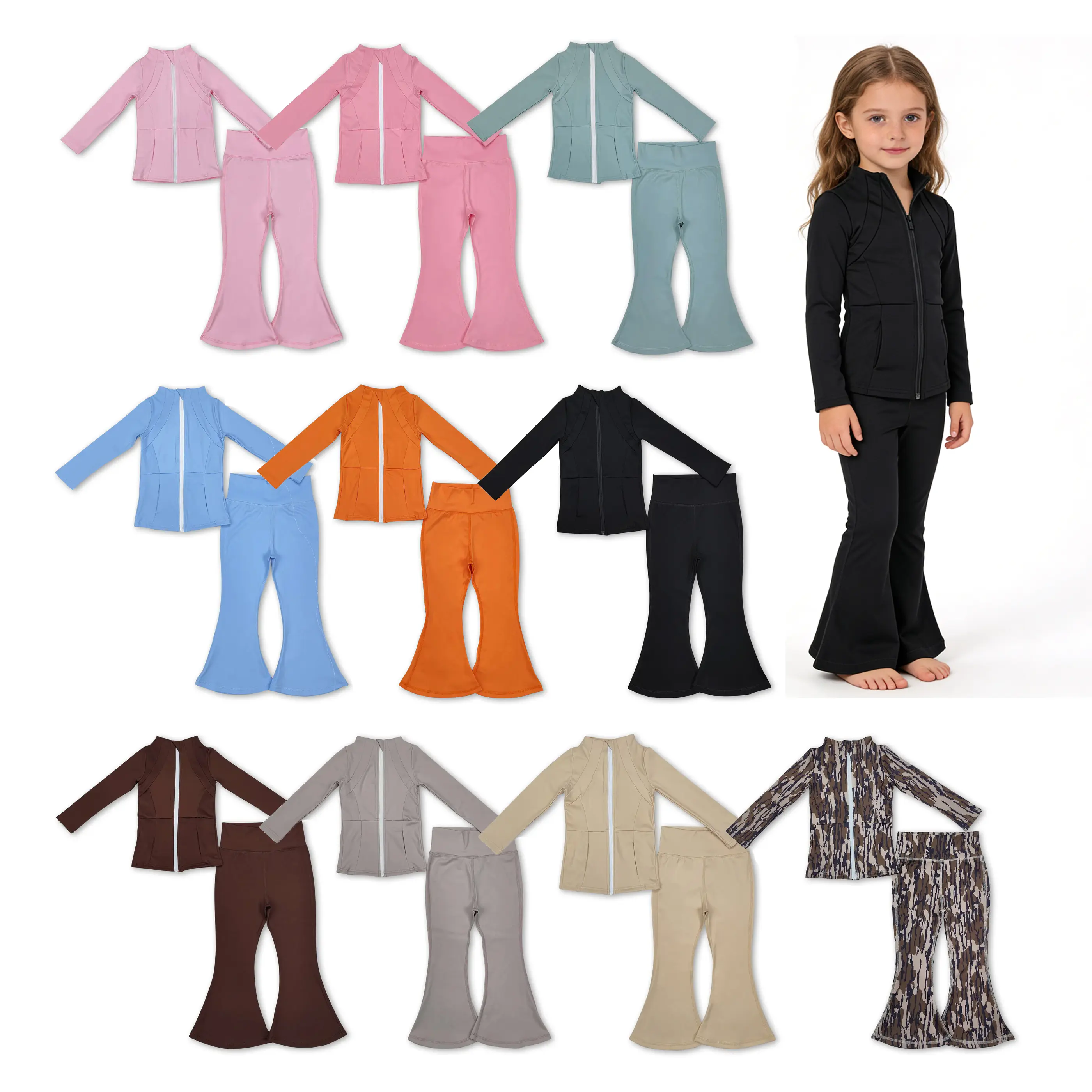 Kid's 2-Piece Solid Color Athletic Yoga Long Sleeve Set, Soft Stretchy Tight-Fitting Winter Girls' Outfit, Family Matching Sets Skirts Sets Floral Print Set