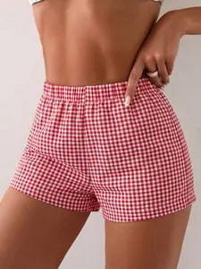 Women's Red Gingham Elastic Waist Lounge Shorts, Casual Plaid Sleep Shorts Womenswear Loungewear | #GinghamShorts #LoungeShorts #PlaidShorts