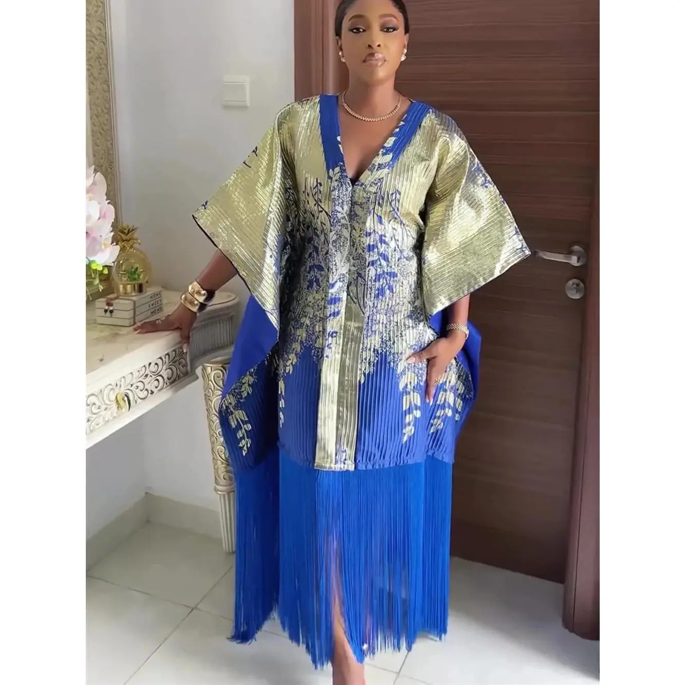 Women's 2026 Traditional African Ankara Dashiki Muslim Kaftan Abaya Robe Maxi V Neck Dress - Modern Elegance, African Fashion, Casual Wear for Summertime with Striking Colors, V Neck Dresses, African-Inspired Style Casual Dresses