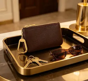 Monogram Print Key Pouch, Designer Inspired Coin Purse with Gold Keychain, Slim Zipper Card Holder for Daily & Travel