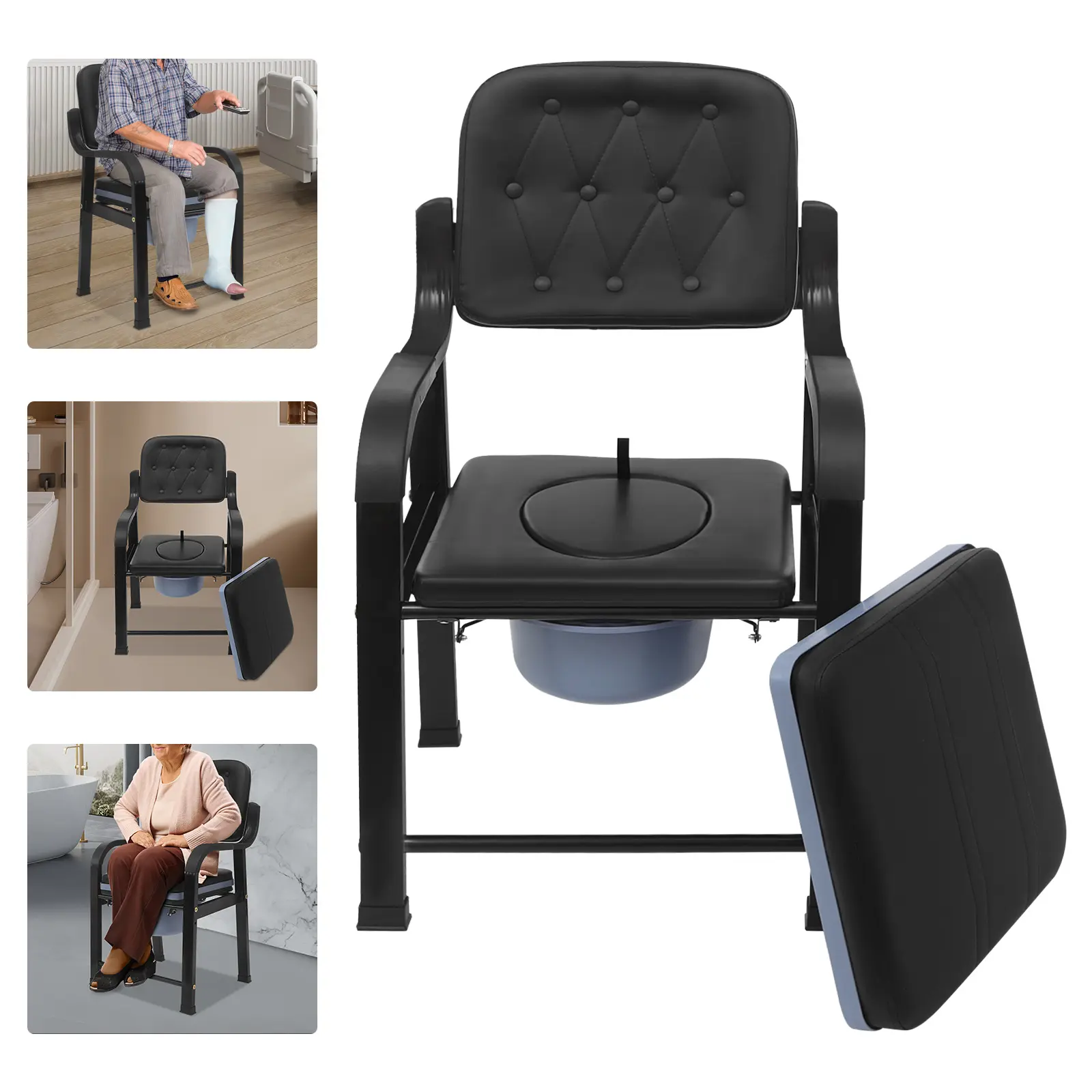 Height-Adjustable Carbon Steel Bedside Commode Chair with PU Leather, Lid for Hospital, Home Care Rooms, Toilets, Pregnant Women, Obese