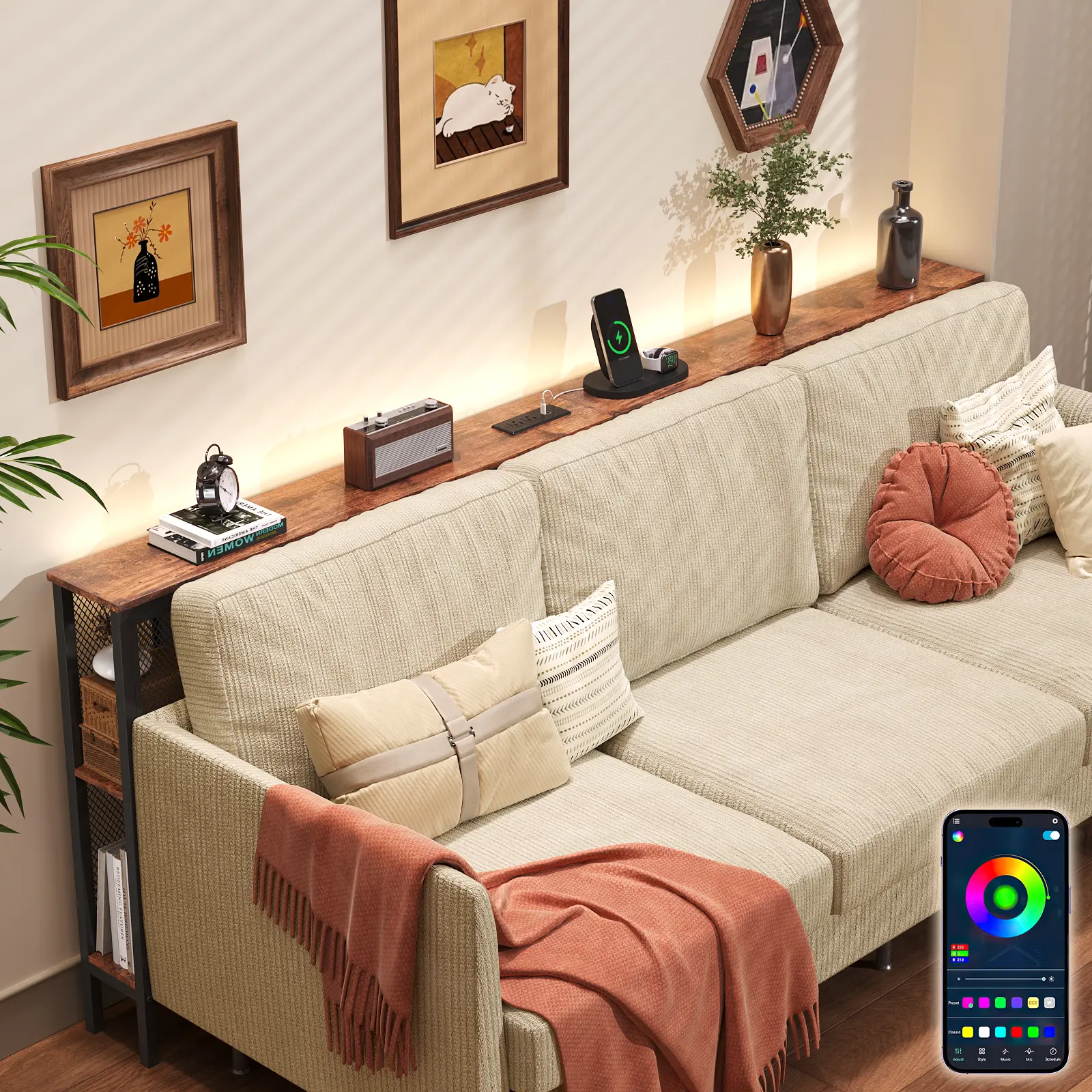 MIIFUNY 78.7" Long Behind Couch Table with LED Lights, Charging Outlet & Open Bookcase, 5.9" Narrow Sofa Table Behind Couch, Wood Console Tables with Storage, Entryway Table for Hallway, Living Room, Rustic Brown