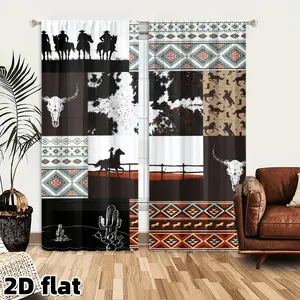 2D Flat 2Pcs Western Cowboy Curtains Panels Southwest Native American Tribal Aztec Pattern Horse Rider Silhouette Longhorn Skull Cactus Design Window Drapes Rod Pocket Semi Shading Polyester Home Decoration Curtain Living Room Bedroom Rustic Home Decor