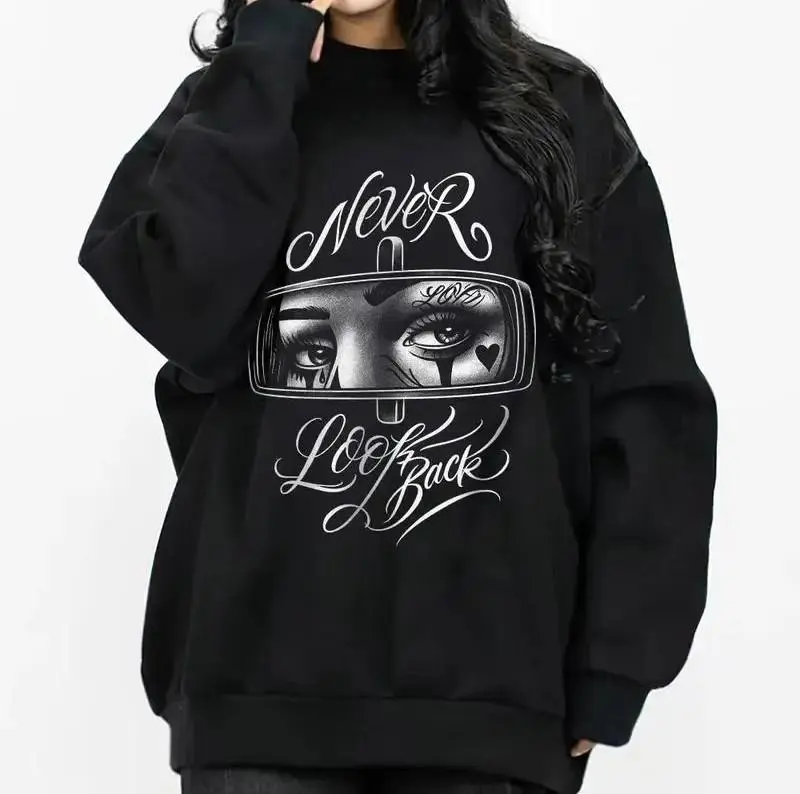 Never Look Back Sweatshirt for Women, Retro Tattoo Eyes Graphic Pullover, Streetwear Hoodie Style For Men Women
