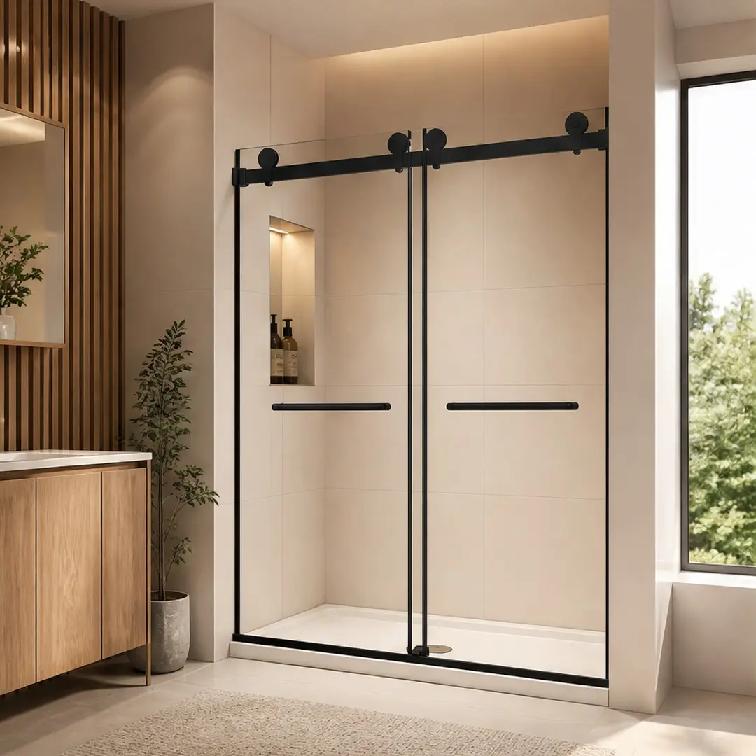 ARCH Frameless Anti-Corrosion Easy-Adjust Double Sliding Bathroom Doors (44-48 in W x 74 in H), 5/16" (8mm) Tempered Glass with Explosion-Proof Film, Stainless Steel Handle, Square Tube Track, Matte Black/Brushed Nickel/Brushed Gold for Bathroom Upgrade,,