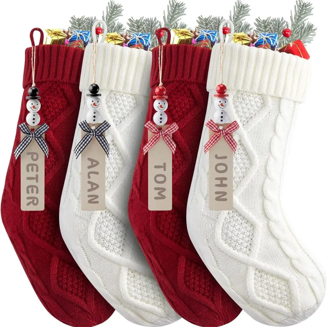 Christmas Stockings - 18 Inches Hanging Stockings with DIY Snowman Name Tags, 4 Pack Large Size Knitted Stockings for Mantels, Christmas Tree…