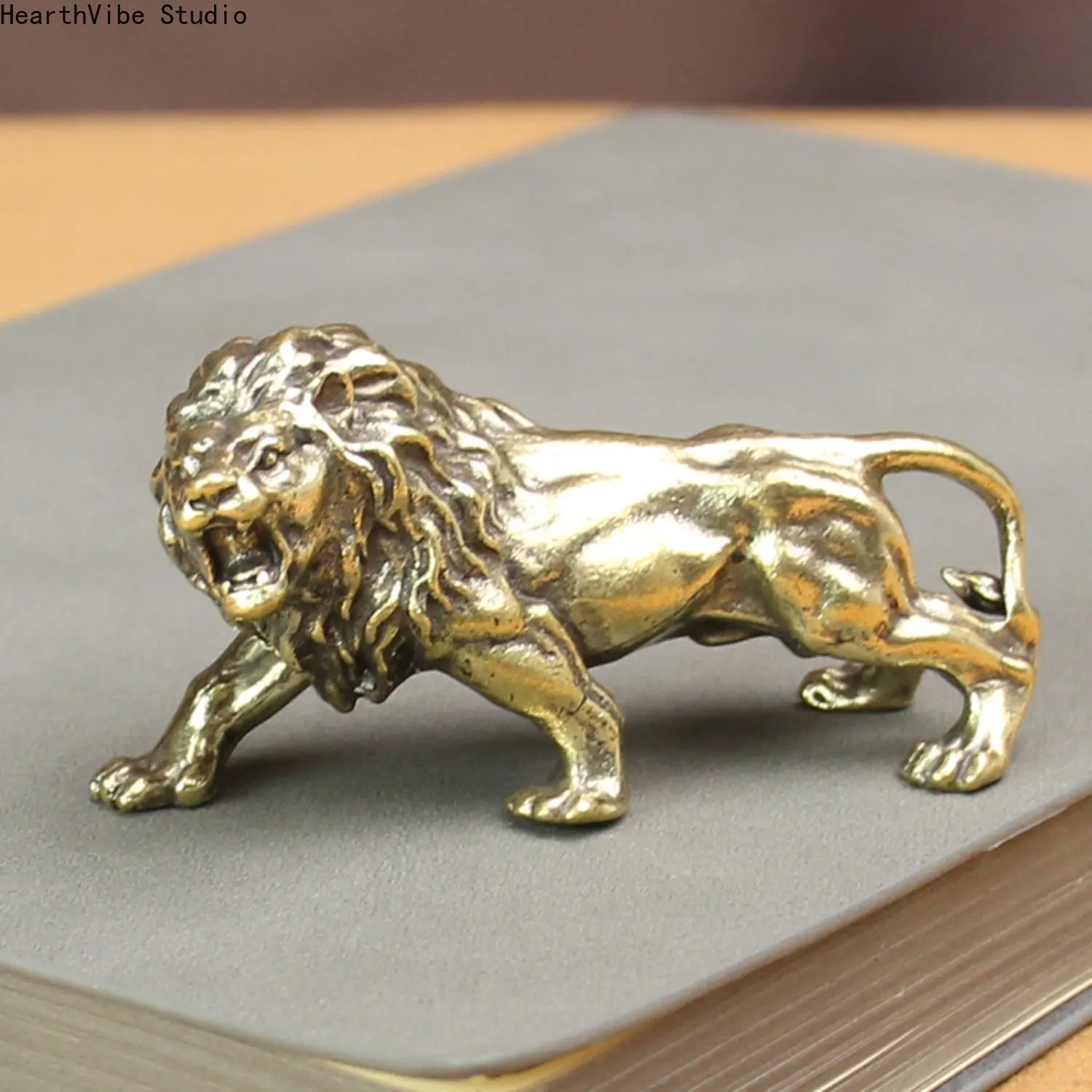 Vintage Lion Figurine with Brass Finish, Majestic Miniature for Home Decor, Decorative Desktop Ornament and Desk Accessory, Decorative Home Ornament, Desktop Figurine, Figurines & Miniatures