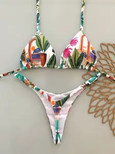 Women's Fashion Bikini Set, New Gathered Style Brazilian Swimwear, Two-Piece Beachwear Tropical Print Swimsuit, Sexy Fitted Design, All Seasons