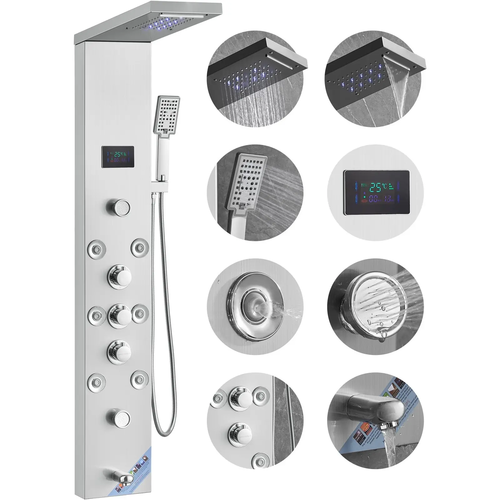 Shower Panel System With 6 Shower Modes, LED Display, Rainfall And Waterfall Shower, 8 Massage Jets, Tub Spout, Handheld Shower, Stainless Steel, Wall-Mounted Shower Set With Easy Maintenance