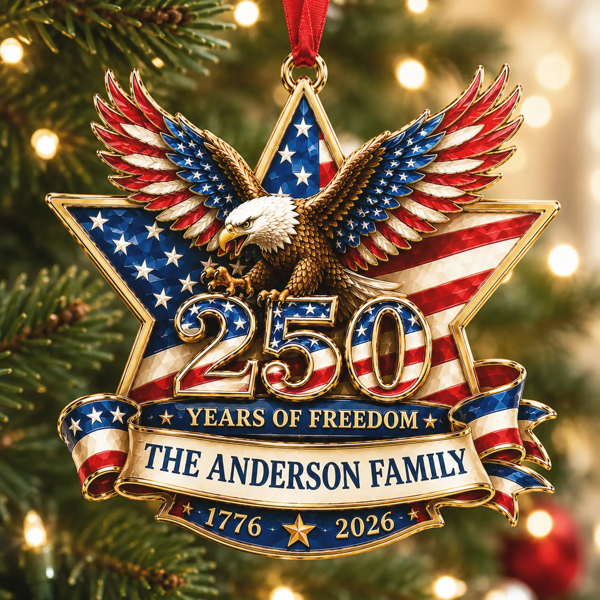 2026 Personalized USA 250th Anniversary Christmas Ornament - Custom Family Name, Festive Home Christmas Decoration