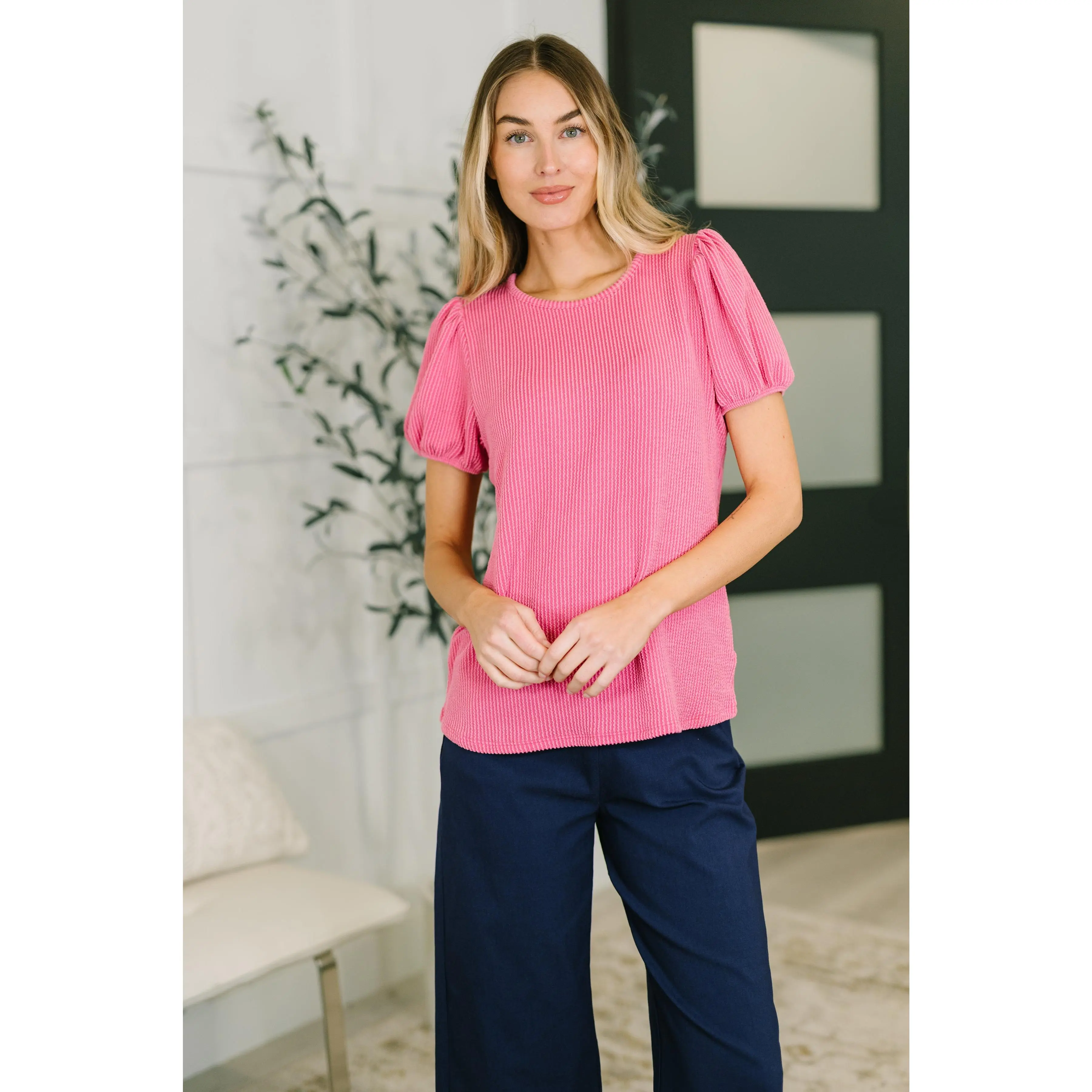 Grace & Virtue Balloon Sleeve Blouse in Fuchsia