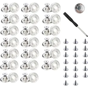 Buttons for Sewing Metal Jeans, 17 mm No-Sew Nailess Removable Metal Jeans Buttons Replacement Repair Combo Thread Rivets and Screwdrivers.( with Letters 20 Sets)