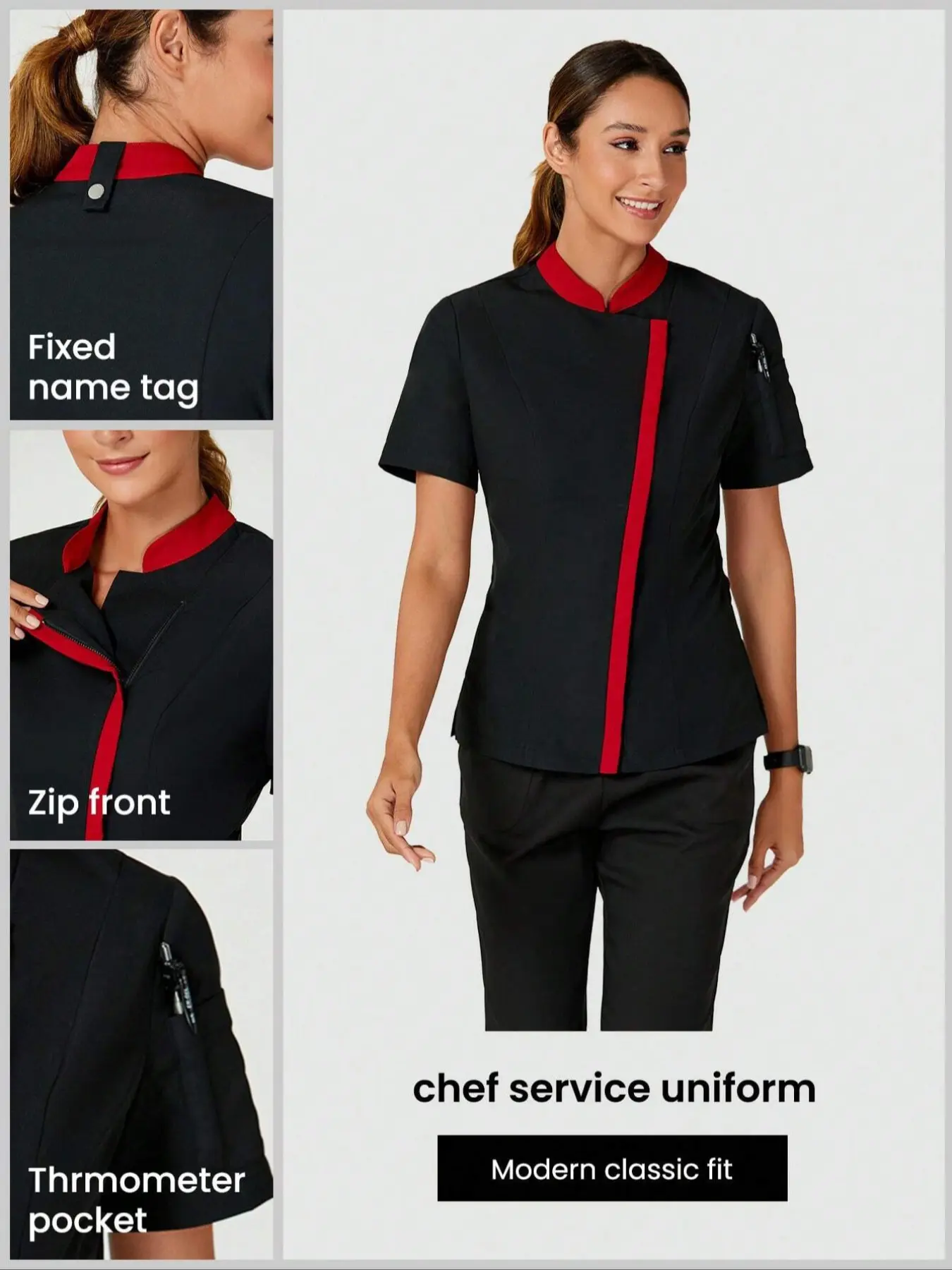 Women's Short Sleeve Stand Collar Patchwork Woven Fitted Formal Workwear Set, Pet Store Beauty Salon Chef Uniform, Casual Two-Piece Womenswear Everyday Clothes